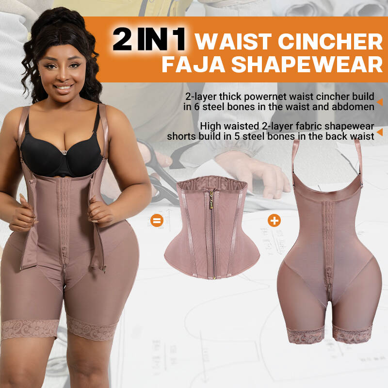 Brown post-lipo shapewear, 4-layer compression garment, steel boning faja OEM