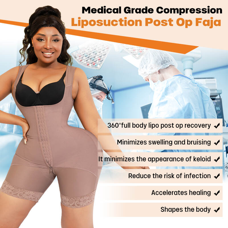Brown Stage I compression suit, medical steel boning shapewear, post-lipo glute enhancement