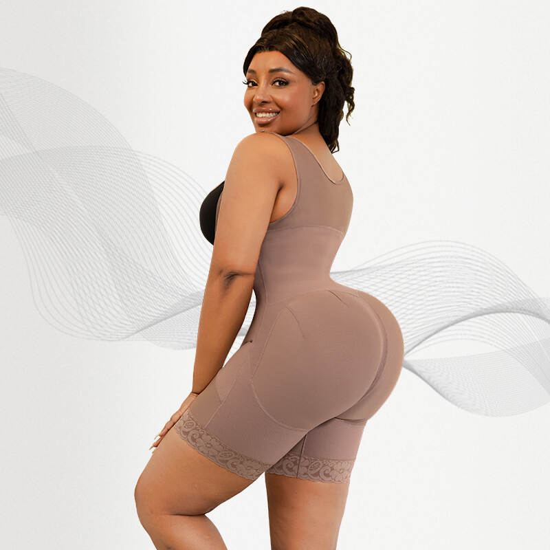 Brown Stage I compression suit, medical steel boning shapewear, post-lipo glute enhancement