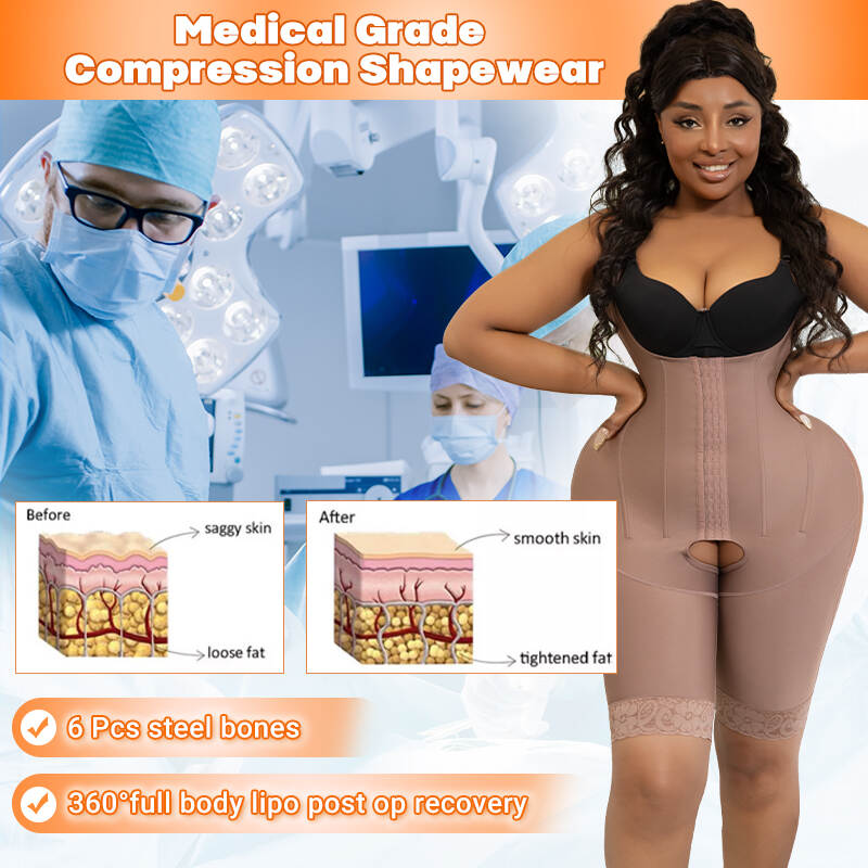 Brown post-operative bodysuit;Compression wear with steel bones;Customizable post-surgical garment