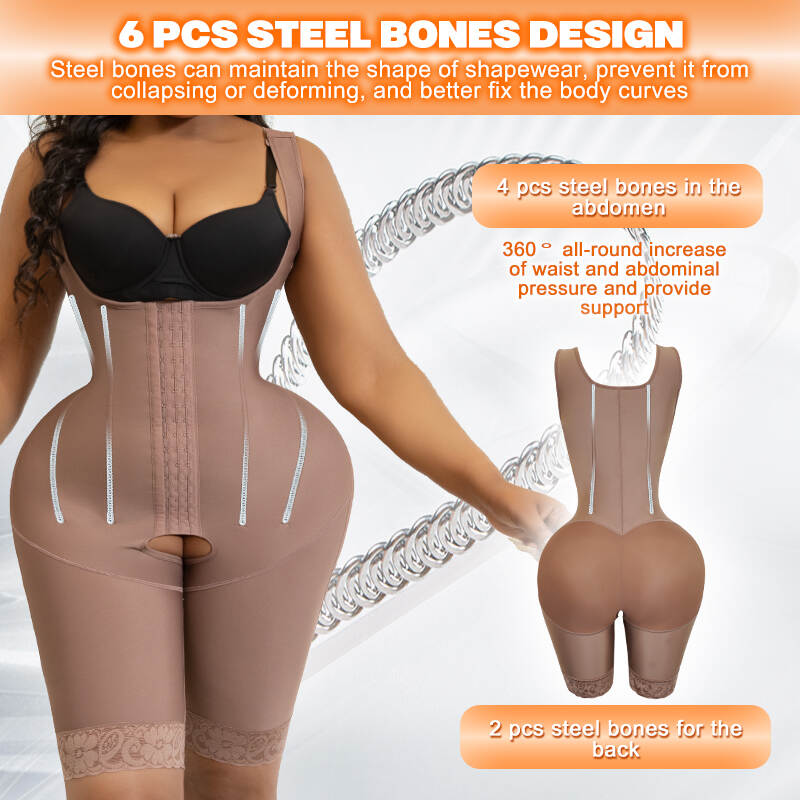 Brown post-operative bodysuit;Compression wear with steel bones;Customizable post-surgical garment