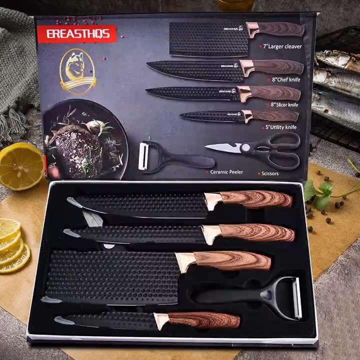 Kitchen knife set black diamond pattern gift box household knife set brick pattern rose gold coated six-piece household knife se