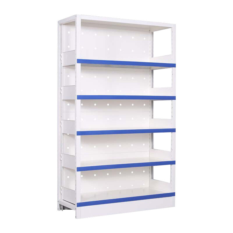 White metal pharmacy shelves