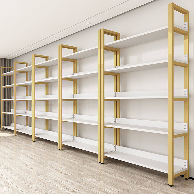 Wall Shop Design Store Fixtures Showcase Wood Metal Gold White Display Shelves With Lights