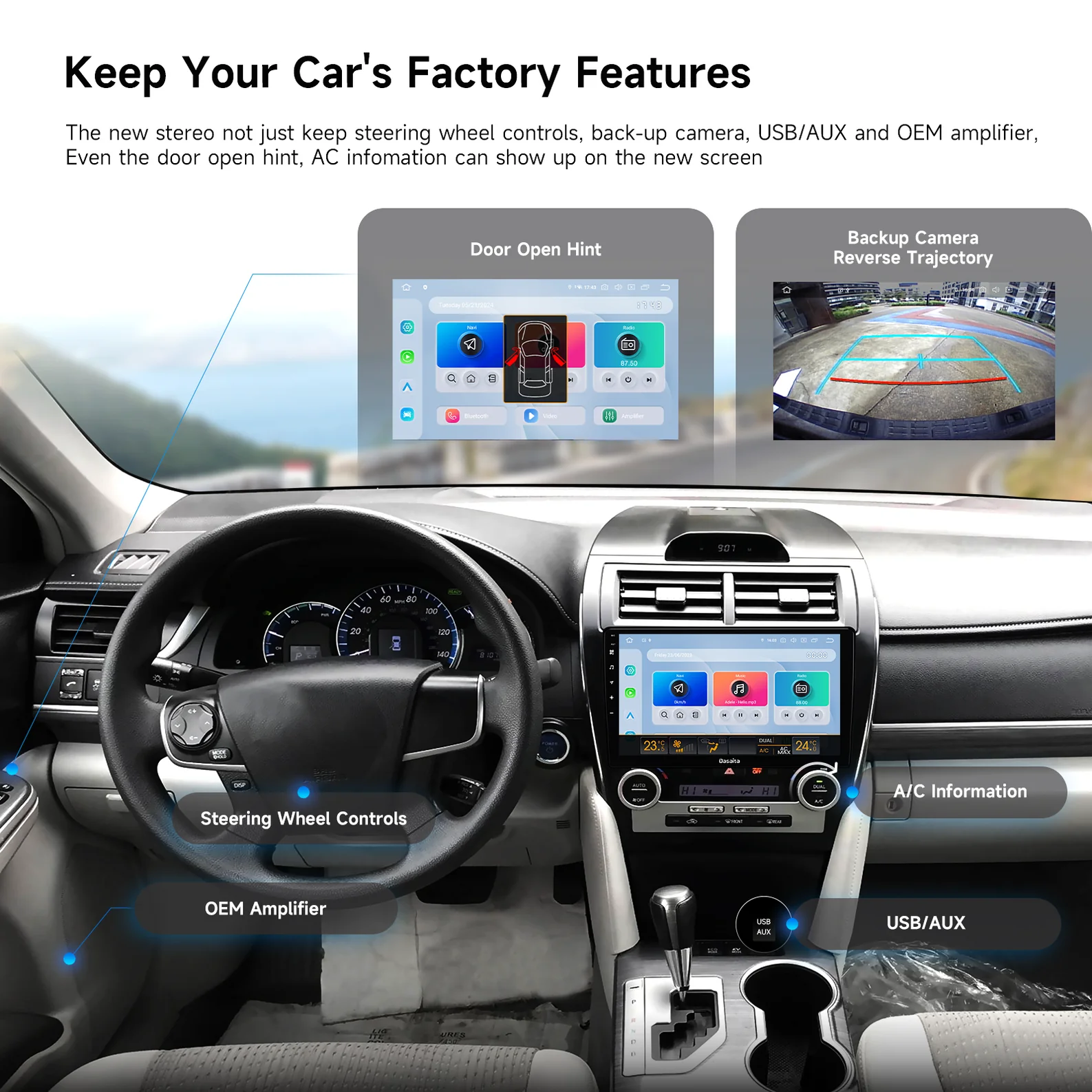 Toyota Camry 2012-2014 Car Stereo；Apple CarPlay Android Auto Head Unit；7th Gen Camry Aftermarket Radio；Wireless CarPlay Toyota Camry；Double DIN Car Stereo for Camry；Head Unit for 2012-2014 Camry；Dasaita Android Auto Car Radio