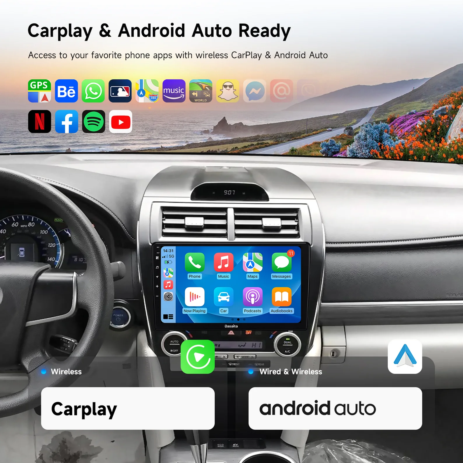 Toyota Camry 2012-2014 Car Stereo；Apple CarPlay Android Auto Head Unit；7th Gen Camry Aftermarket Radio；Wireless CarPlay Toyota Camry；Double DIN Car Stereo for Camry；Head Unit for 2012-2014 Camry；Dasaita Android Auto Car Radio