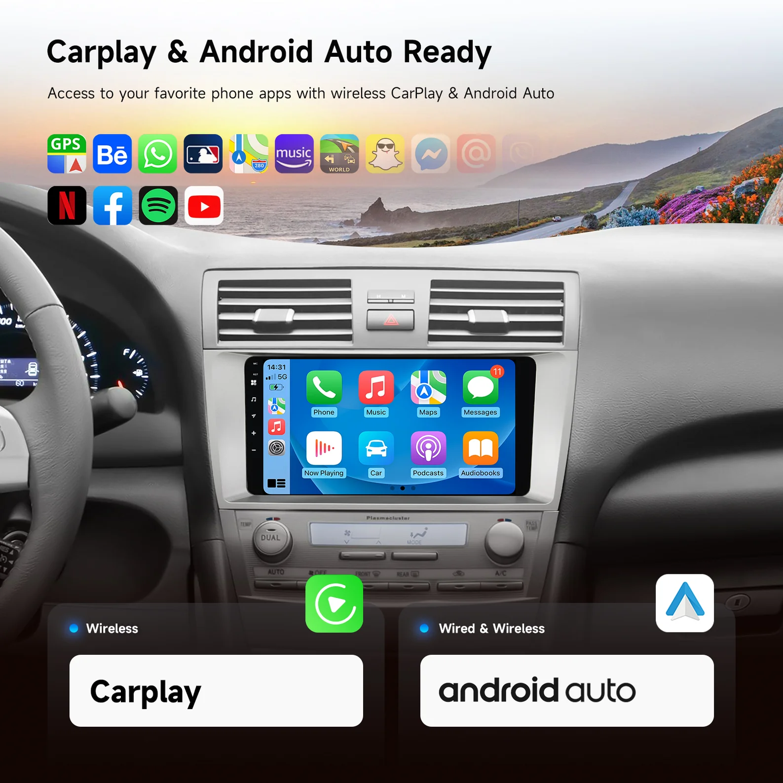 Android Car Stereo for Toyota Camry 2007-2011；Dasaita Head Unit Wireless CarPlay 6th Gen Camry；7
