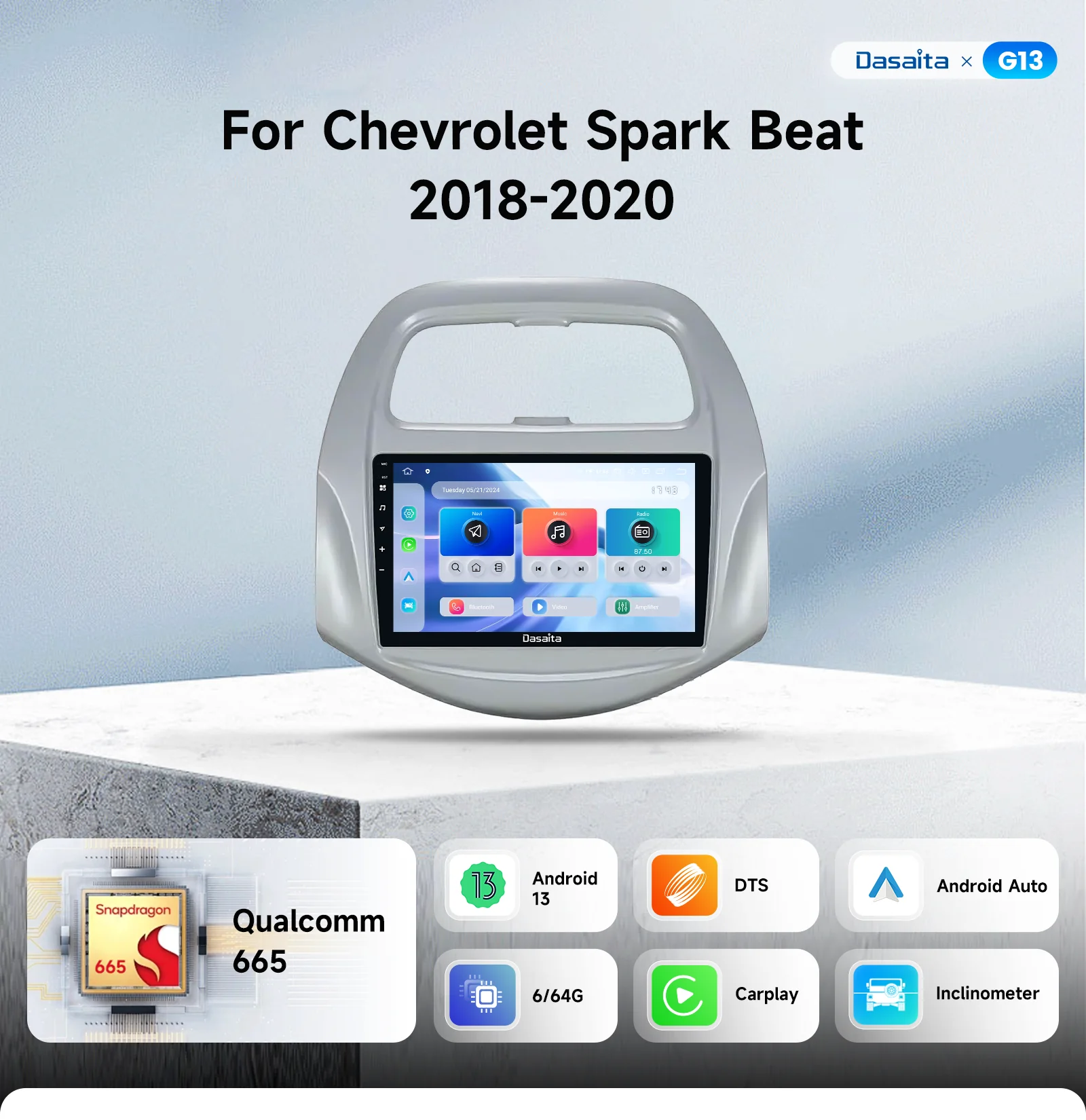 Dasaita CarPlay Android Screen；Chevrolet Spark Beat 2018-2020 Head Unit；Wireless GPS Multimedia Player；Android Auto Car Radio；Plug-and-Play Aftermarket Stereo
