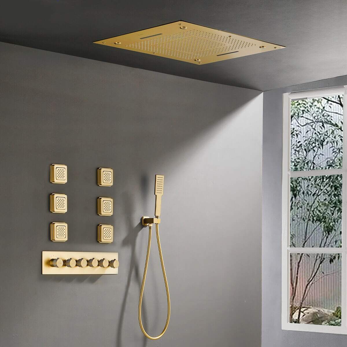 Bathroom Luxury Massage Shower Large Size LED Rainfall Ceiling Thermostatic Shower System Set with Hand Shower