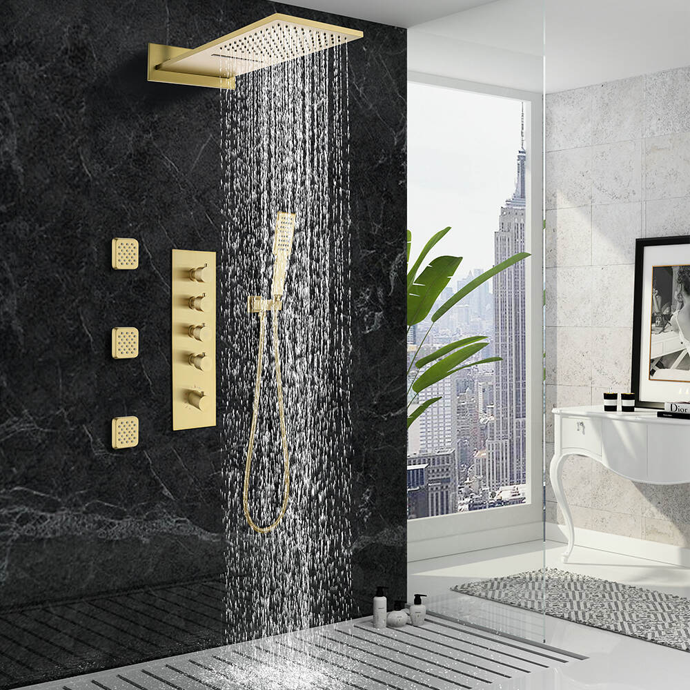 Brushed Gold Bathroom Concealed Shower System Set Wall Mounted Thermostatic Shower Mixer Rainfall Shower Faucet