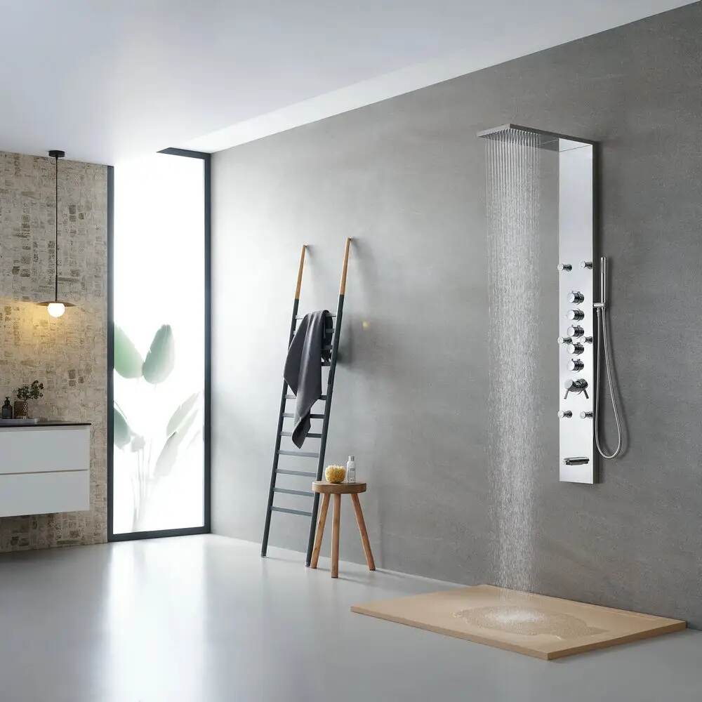 HANC square stainless steel massage spa shower panel in chrome mirror color with 6 brass back shower jets and waterfall