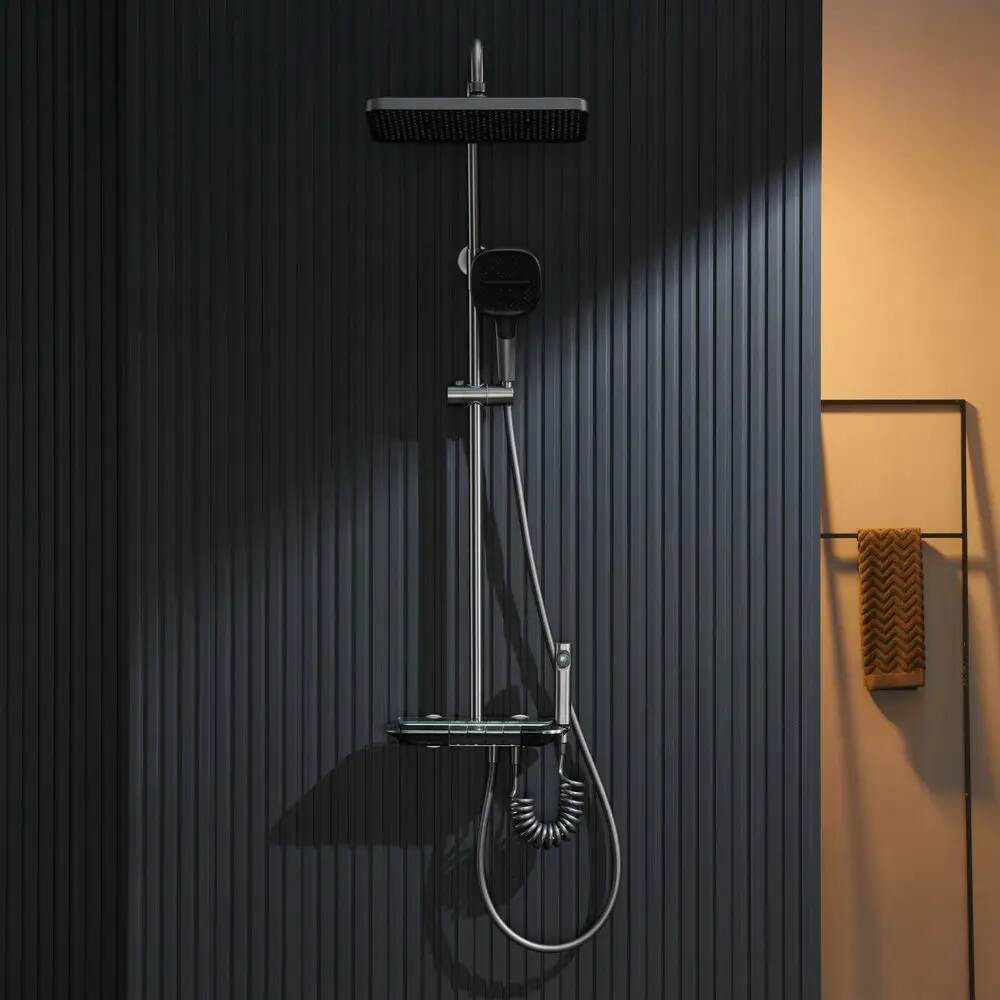 Hot sale fashionable design 4 functions gun metal grey color exposed bath shower set with temperature show and LED light