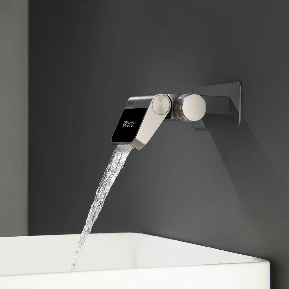 Bathroom sink smart faucet wall-mounted 1 hole single handle waterfall basin mixer faucet with temperature display