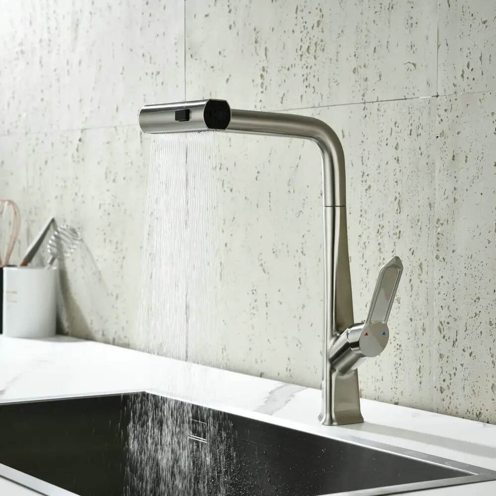 Most popular design on internet sales gun metal grey color brass pull down spray kitchen sink faucet mixer manufacturer