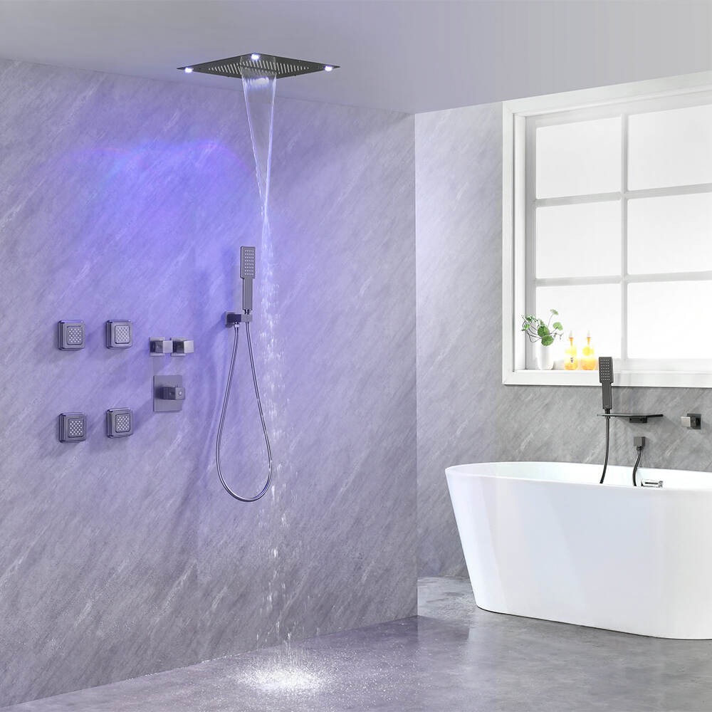 Bathroom LED Rainfall Shower Set Ceiling Embedded Mounted Head Shower Fauccets With 4 Massage Jets Powerful