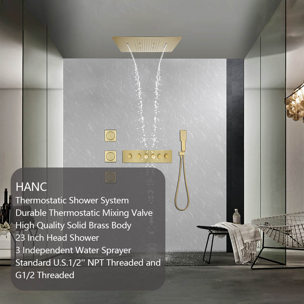 Modern Brushed Gold Square Ceiling Rain Thermostatic Shower System Brass Shower Faucets Waterfall Shower Set For Hotel