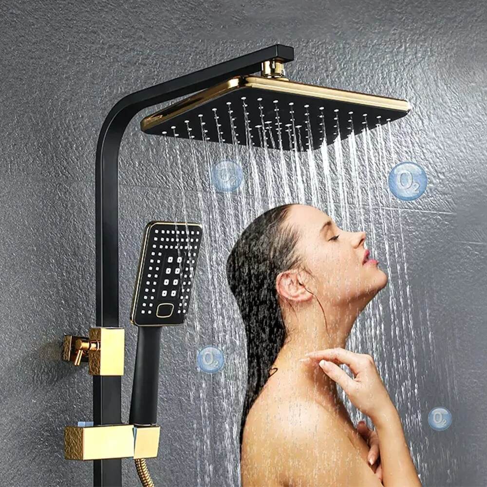 Square Bathroom Shower System Black Gold Mixer Faucet Hot Cold Bathroom Tap Piano Key Thermostatic Shower Set