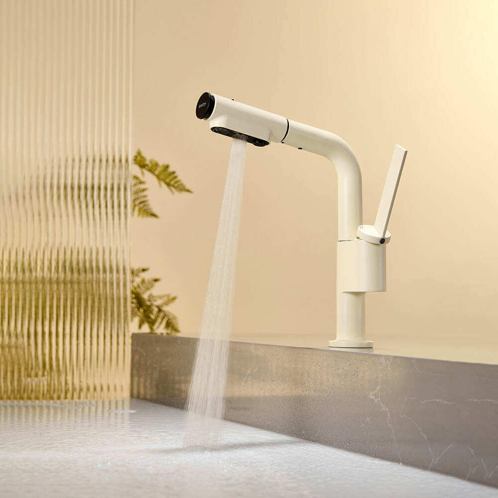Hot and Cold Mixer Tap Matte White Pull Out Bathroom Basin Faucet with 360° Rotatable