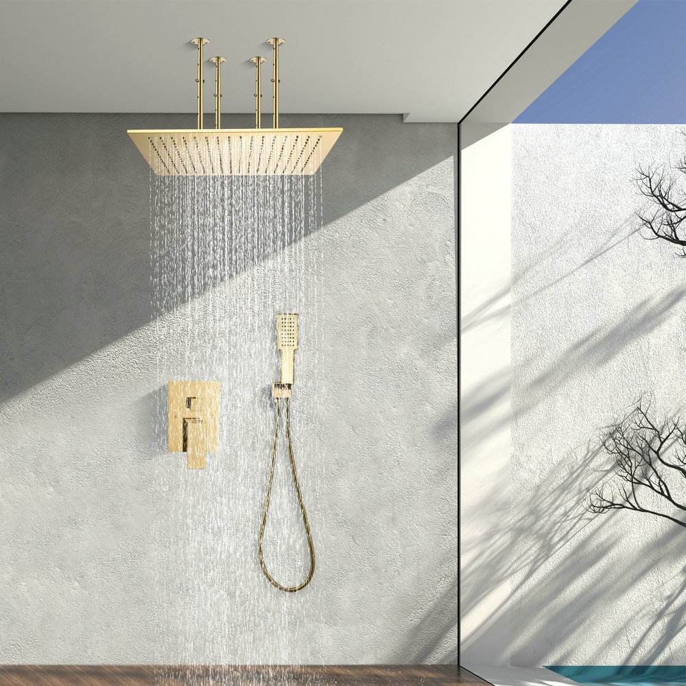 500*500 mm Large Size Golden Mirror Adjustable Height Concealed Ceiling Hanging Rainfall Shower Head Set