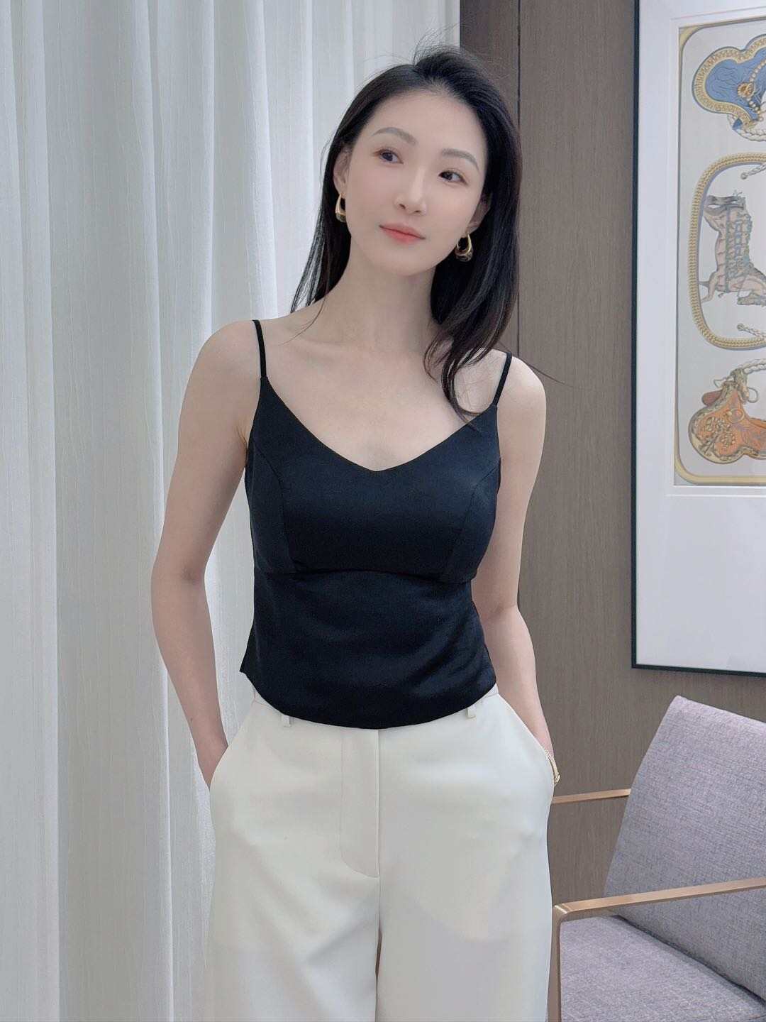 Satin Camisole Top - Slim Fit Built-in Bra Strap Longline Basic Black Vest for Women