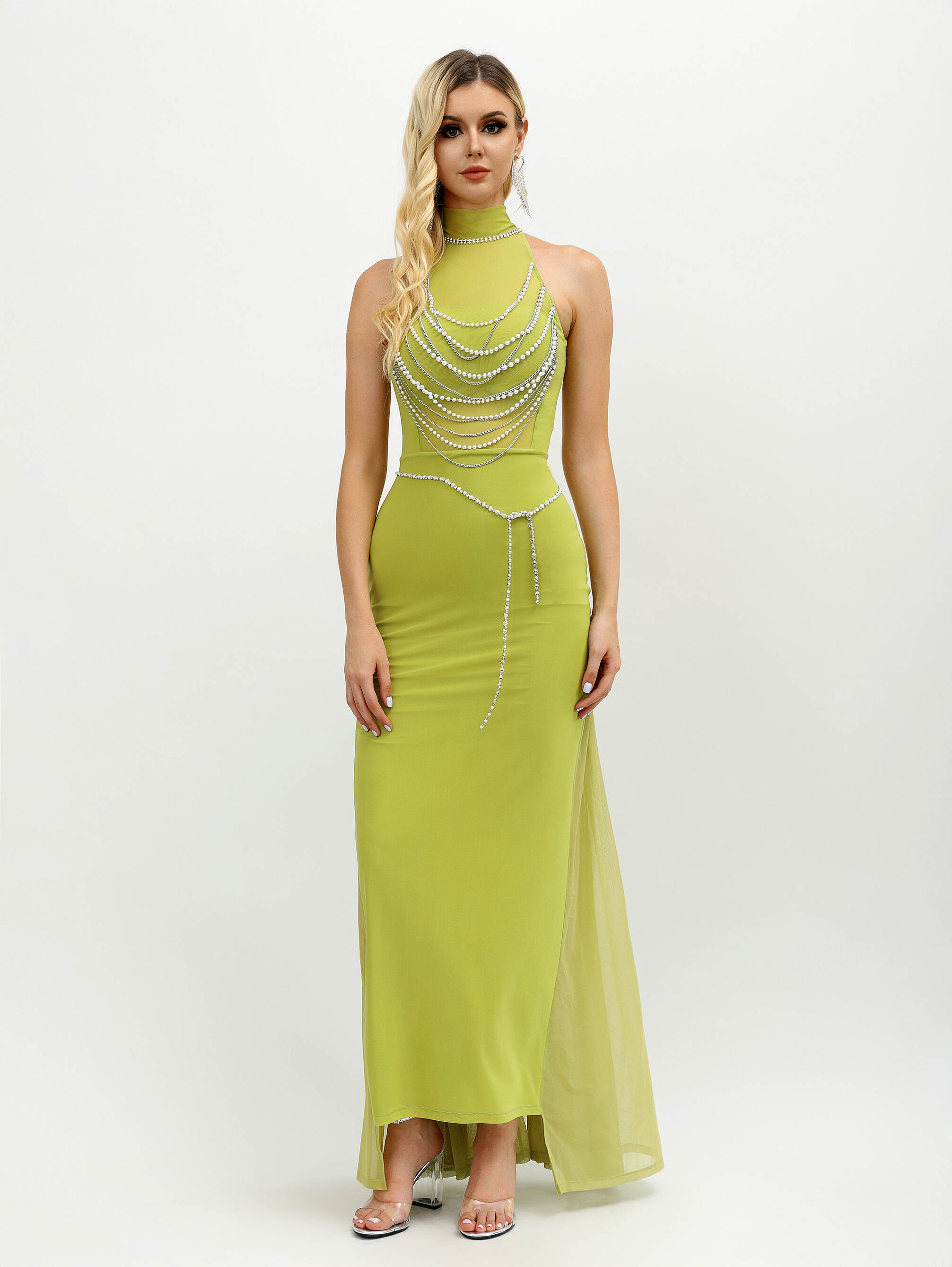 Pearls princess long dress-OLIVE GREEN