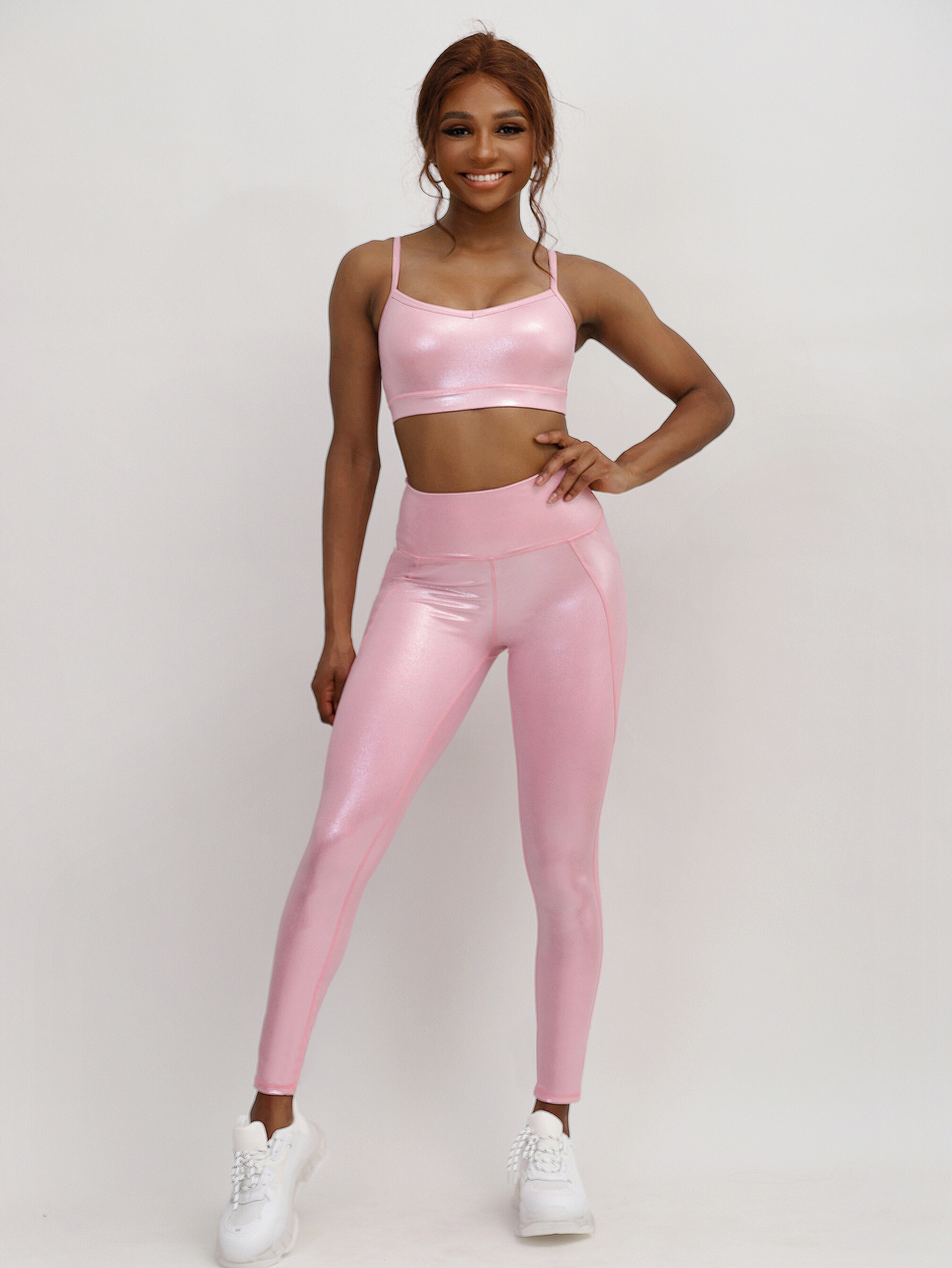 High waist thin strap pink shiny active wear with pocket