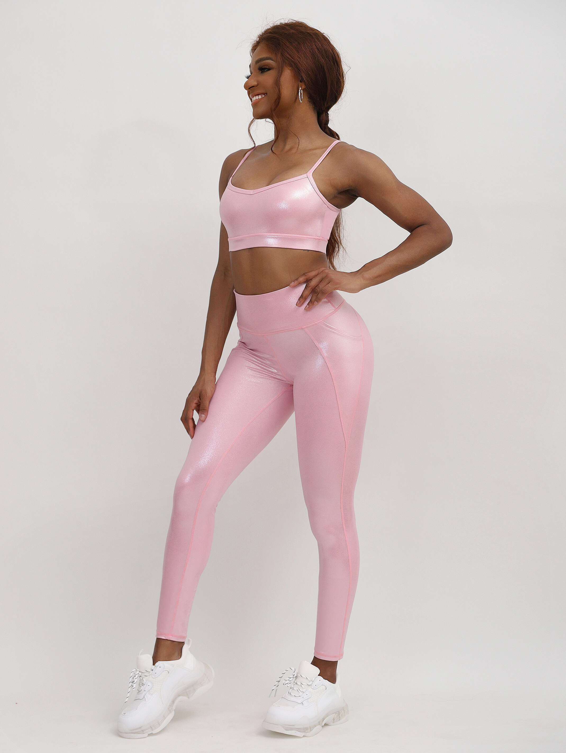 high waist thin strap active wear  supplier, pink shiny active wear  china, with pocket active wear distributor, with pocket active wear company