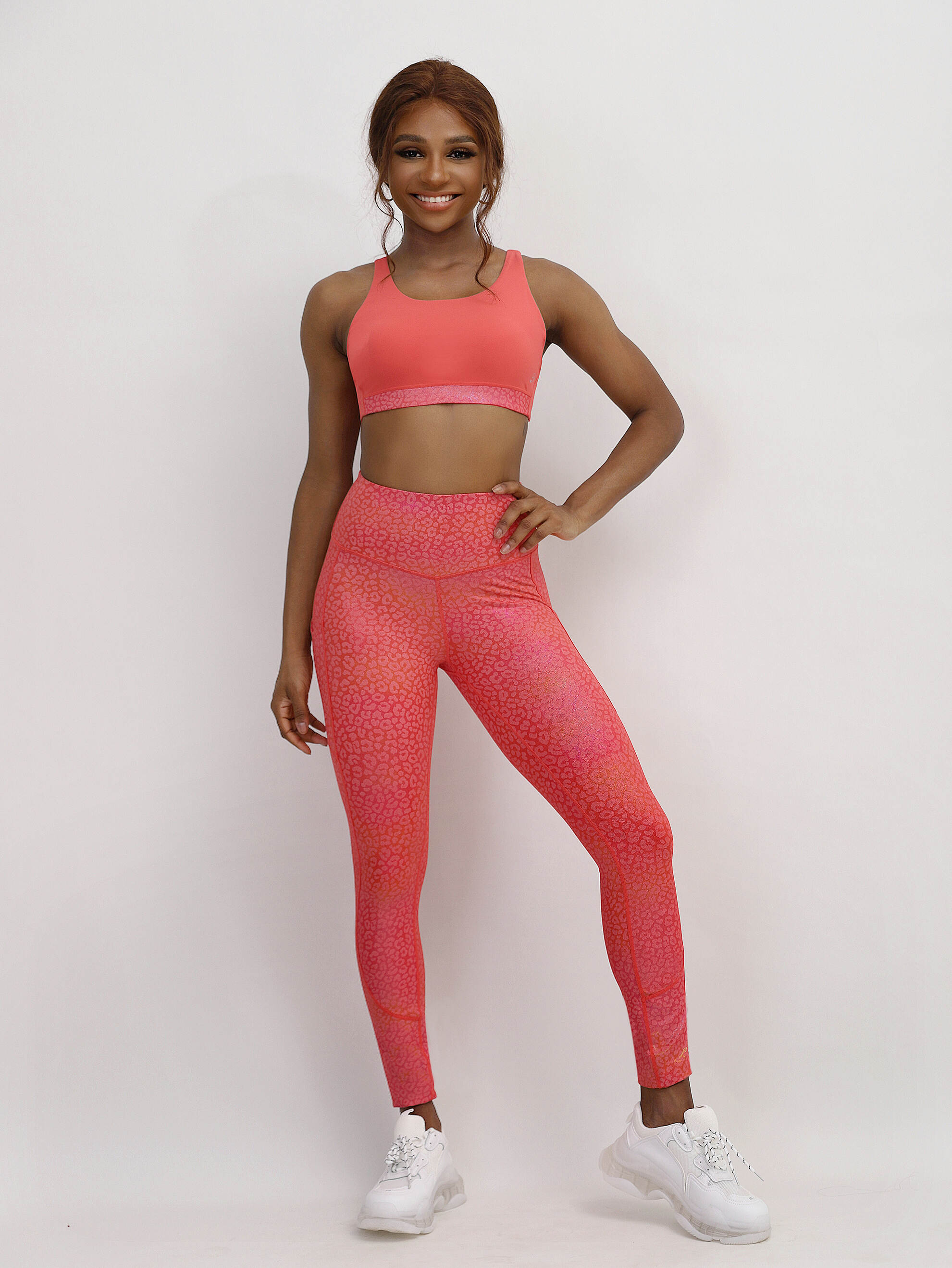 Red leopard print full length active wear