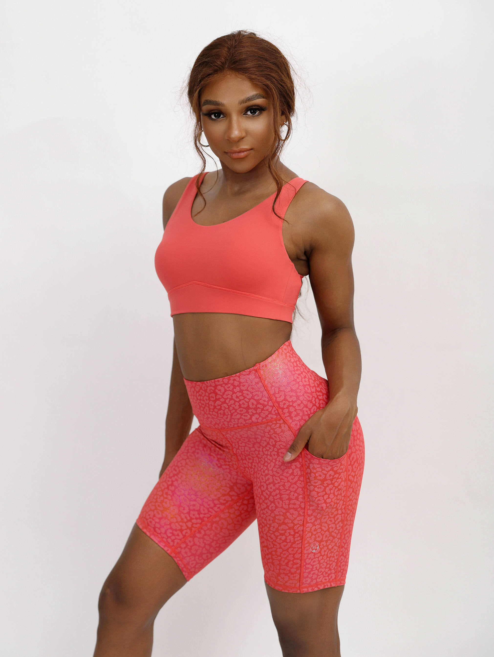 Red Leopard Print  Active Wear, U Neck Cross Back Strap Active Wear, Active Wear With Pocket