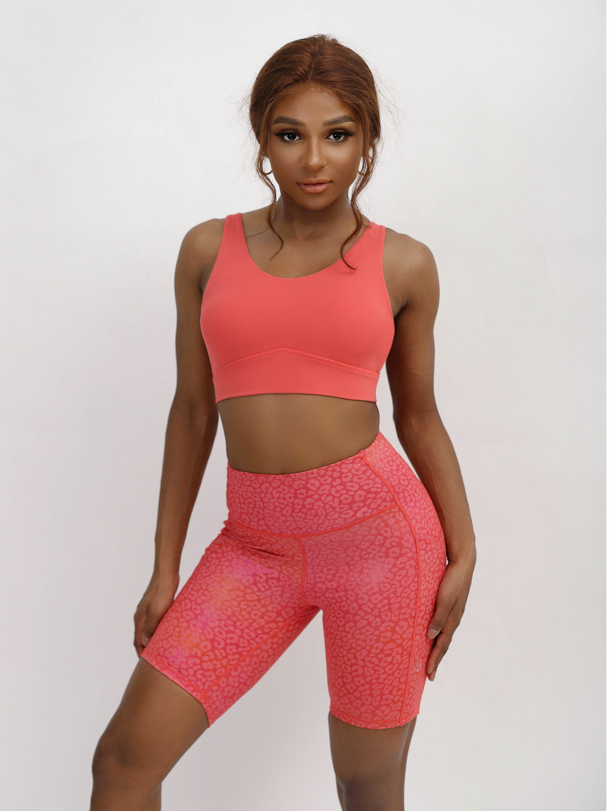 Red leopard print U neck cross back strap active wear with pocket