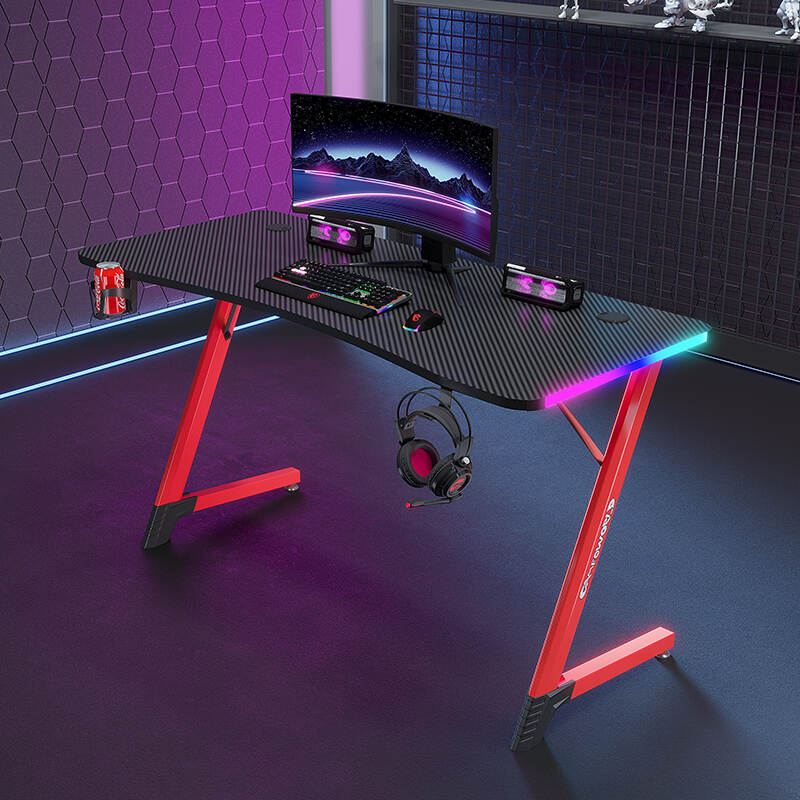 Z Shaped Gaming Desk Black Gaming Table Cool Computer Desk With RGB Light for PC