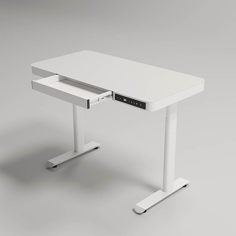 Glass Standing Desk with Drawer, Modern Height Adjustable Desk, Electric Motorized Uplift, Memory Control, White