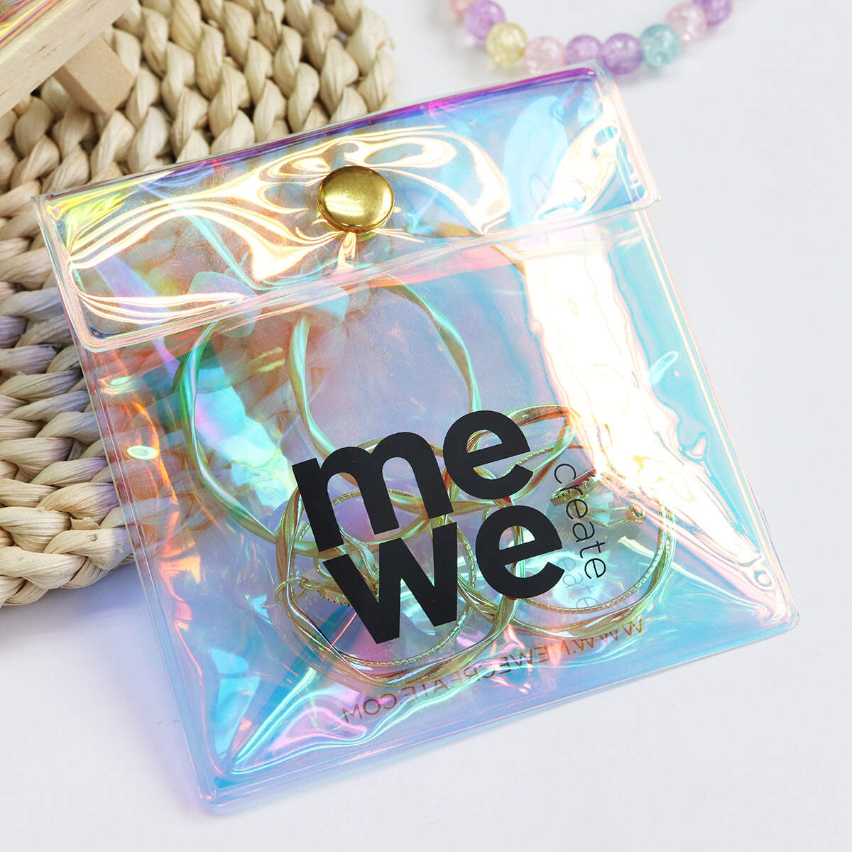 Custom pvc hologram bag pouch with snap clear jewelry bags for jewelry ring necklace snap button bag with Logo