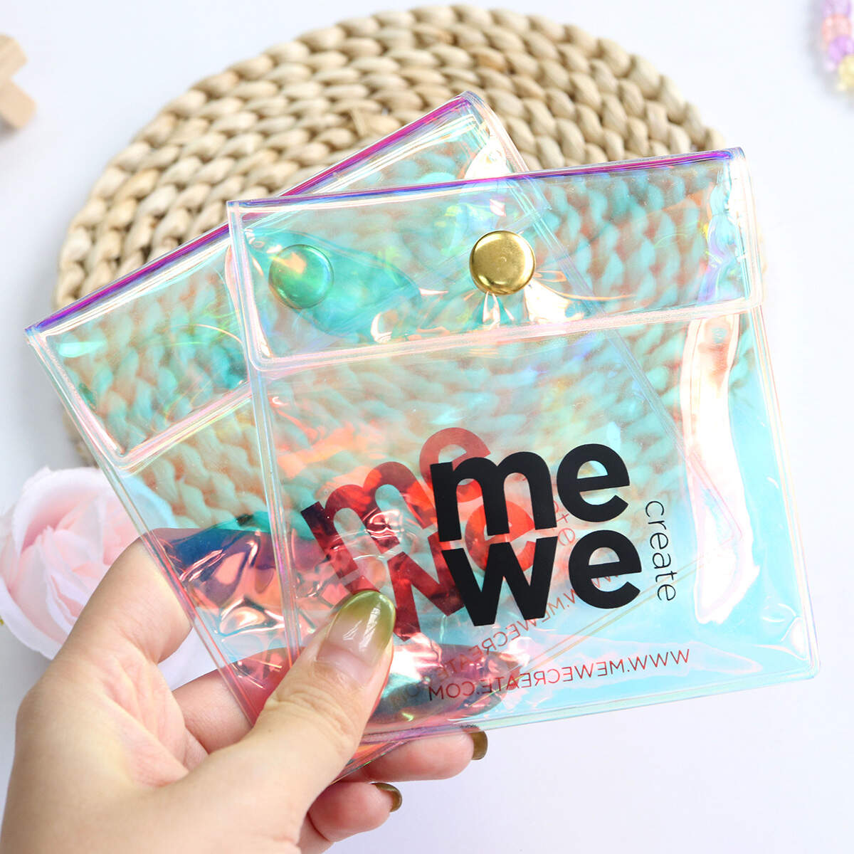 Custom pvc hologram bag pouch with snap clear jewelry bags for jewelry ring necklace snap button bag with Logo