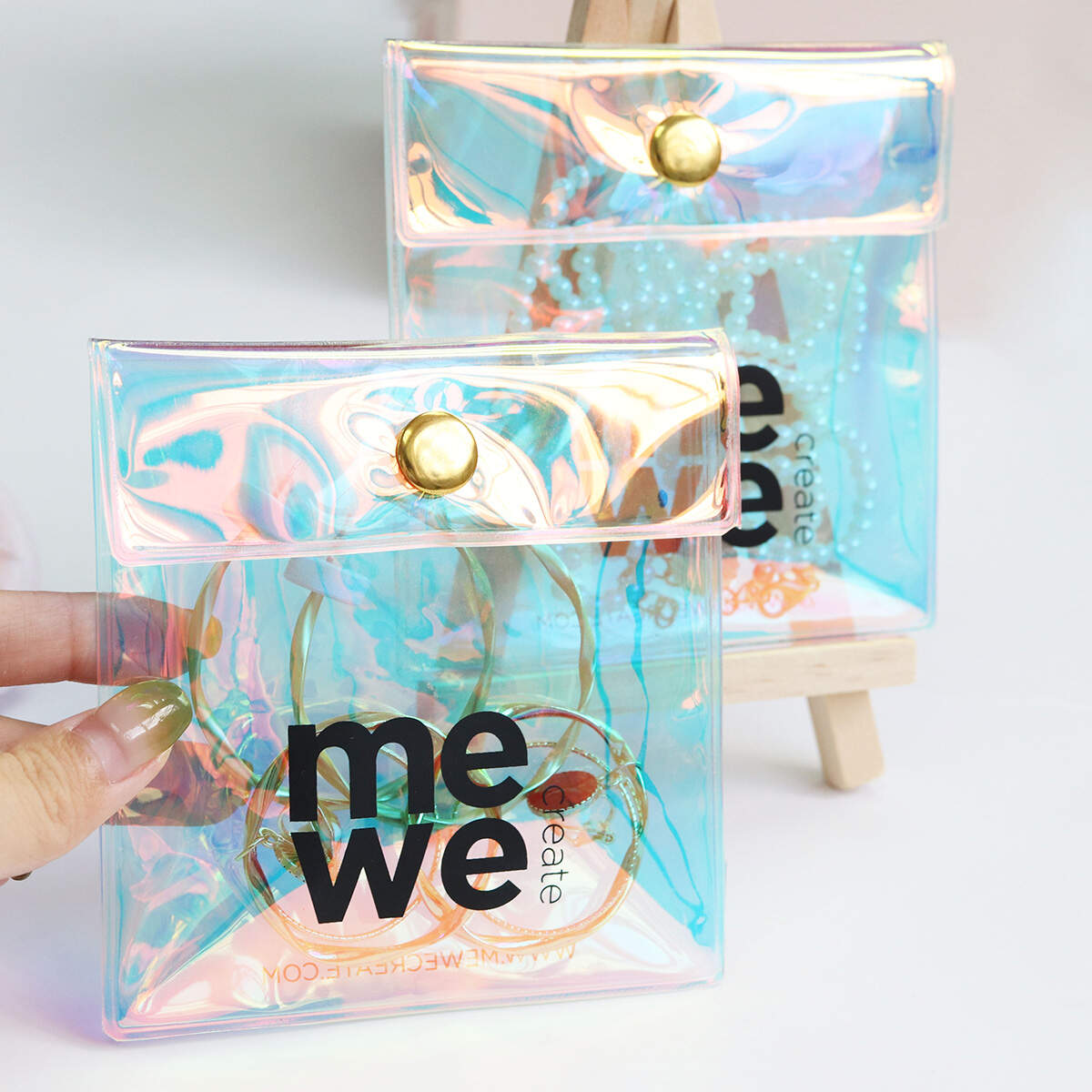 Custom pvc hologram bag pouch with snap clear jewelry bags for jewelry ring necklace snap button bag with Logo