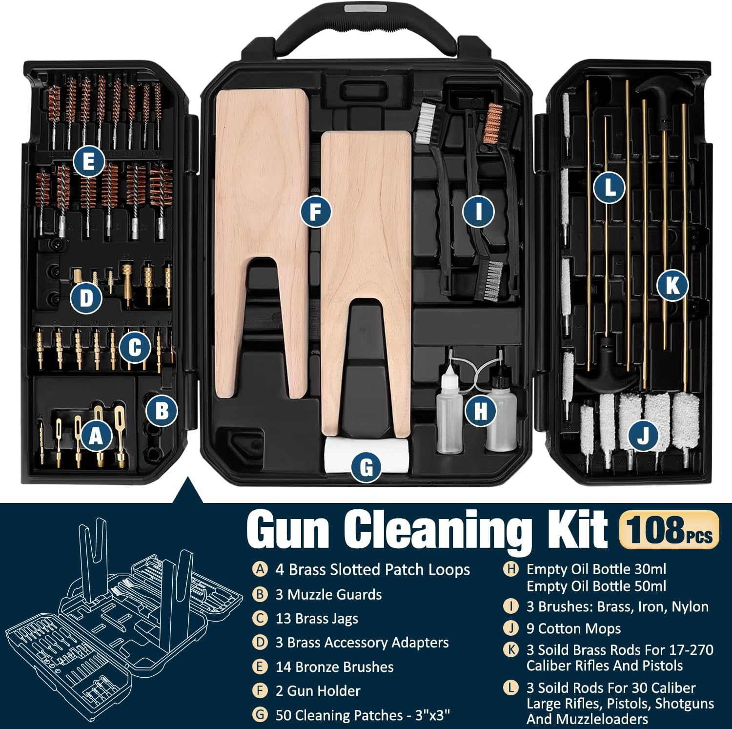 Tactical Gun Cleaning Kit, Compact 32-Piece with Carbon Fiber Rod & OTIS System, Fits in Molle Pouch (Matte Black)