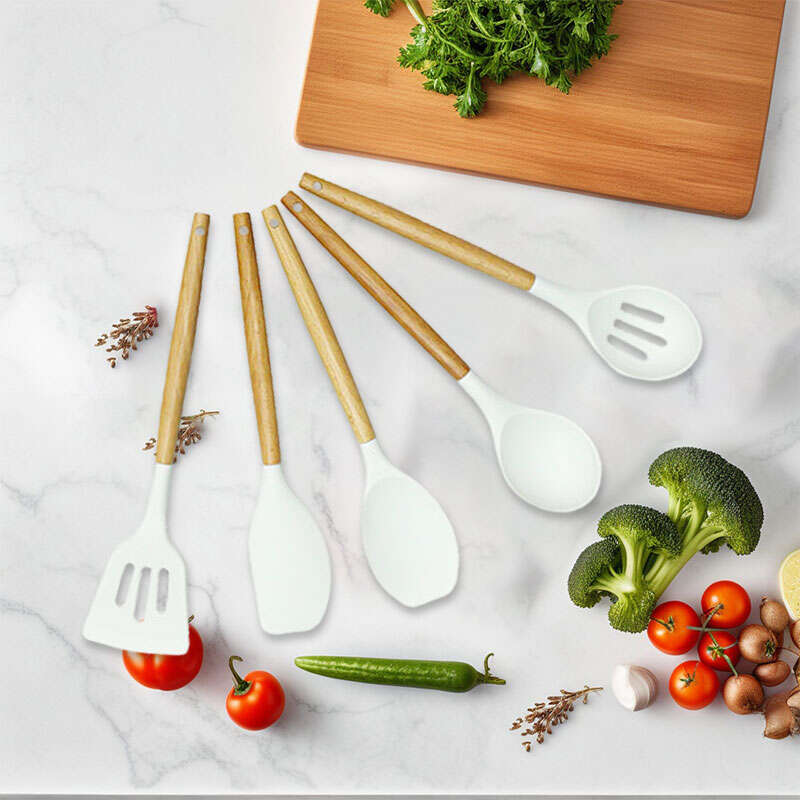 Heat Resistant Silicone Cooking Spoons Utensil Set BPA Free Non-Stick Silicone Kitchen Utensils with Wood Handle