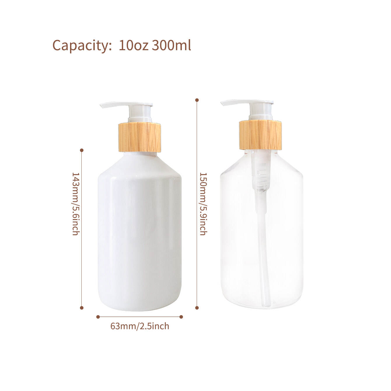 300ml PET lotion bottle, white plastic bottle, slanted shoulder bottle, bamboo pump bottle, cosmetic packaging