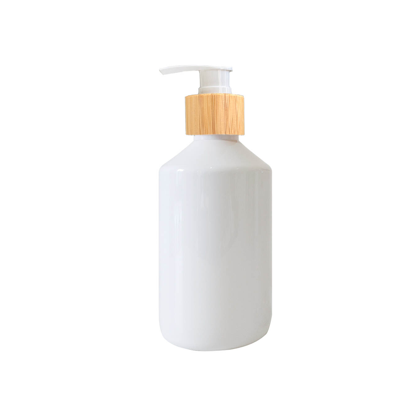 300ml PET lotion bottle, white plastic bottle, slanted shoulder bottle, bamboo pump bottle, cosmetic packaging