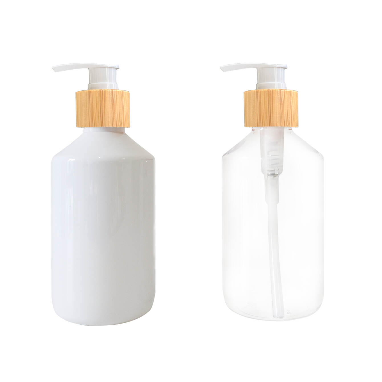 300ml PET lotion bottle, white plastic bottle, slanted shoulder bottle, bamboo pump bottle, cosmetic packaging