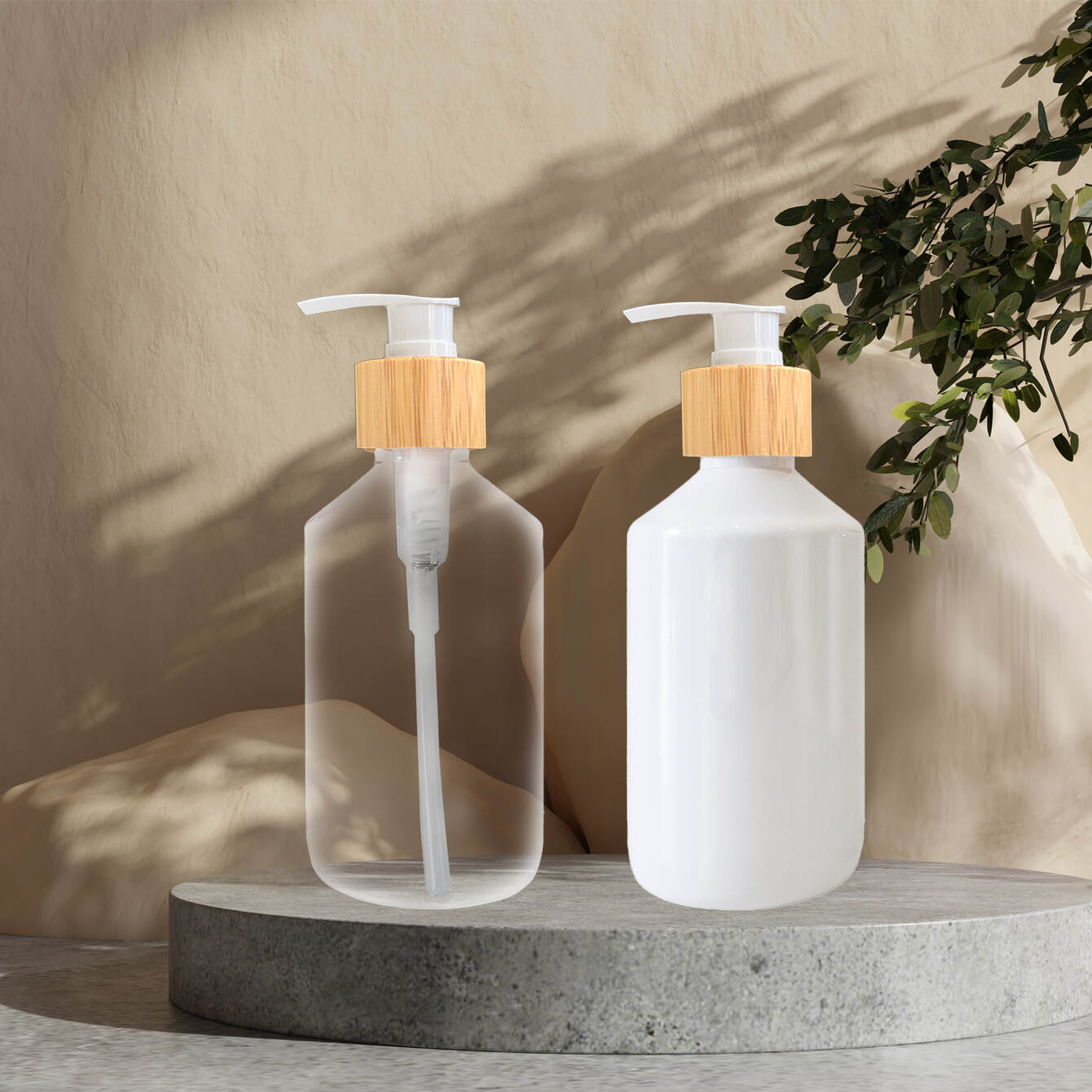 300ml PET lotion bottle, white plastic bottle, slanted shoulder bottle, bamboo pump bottle, cosmetic packaging