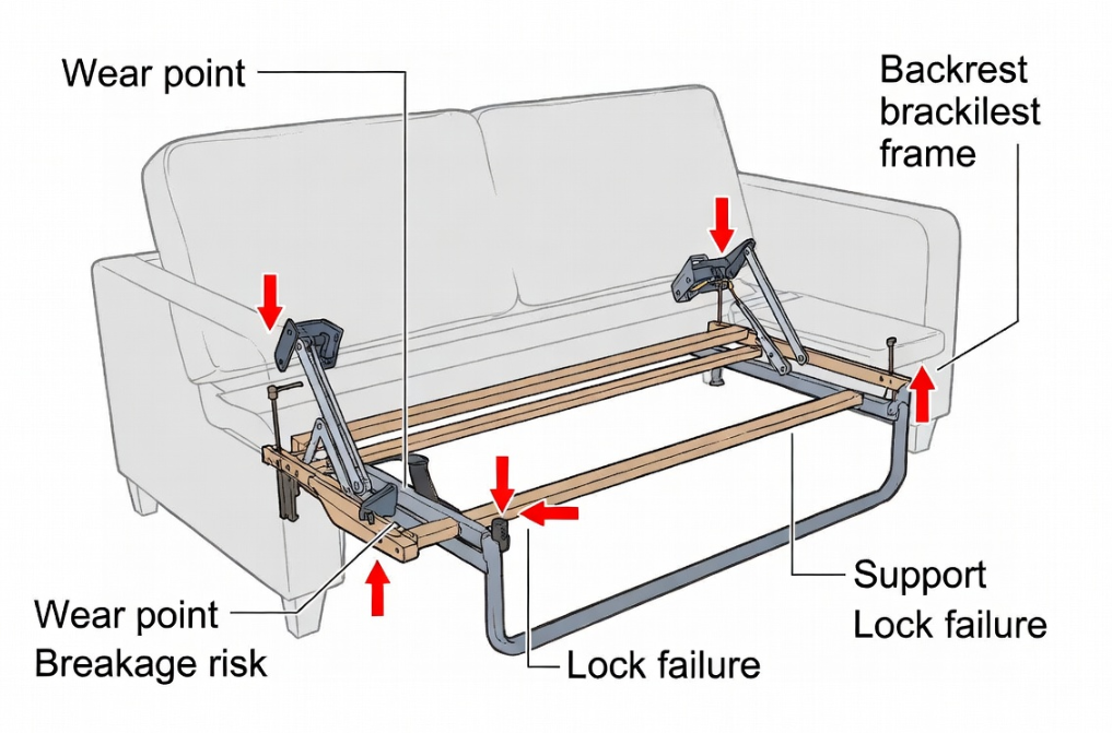 Close-up diagram of common failure points in commercial sofa bed mechanisms
