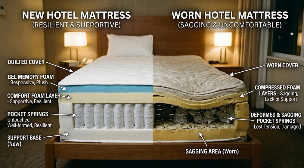 Cross-section comparison of new vs worn hotel mattress