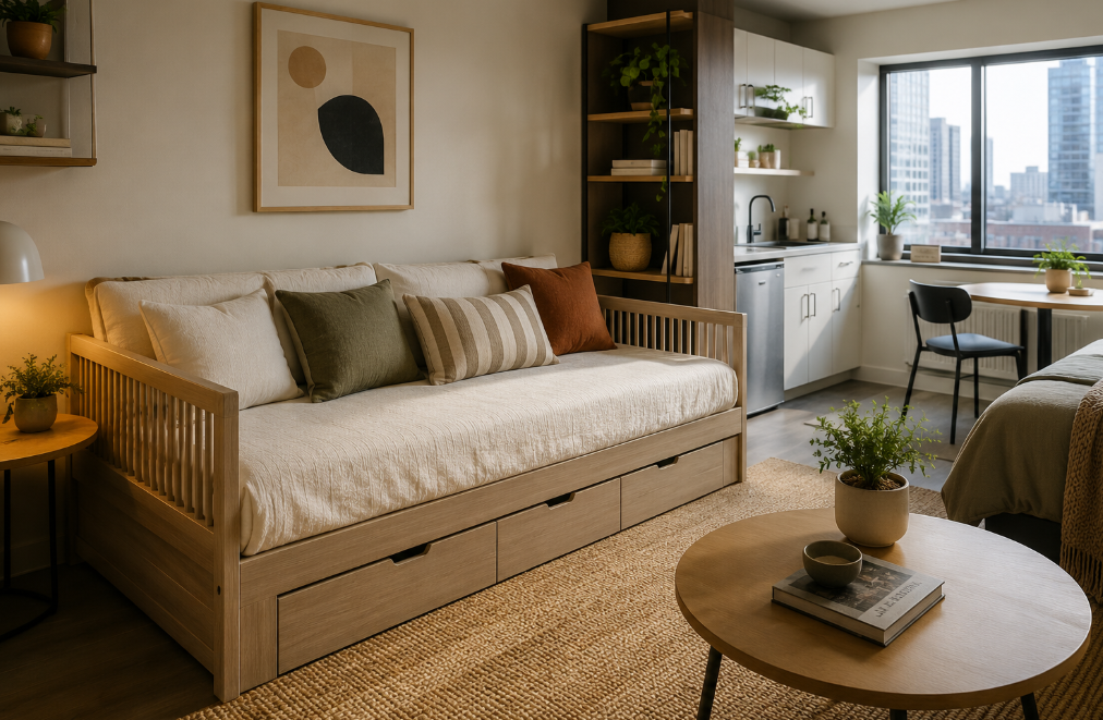 Daybed in a compact studio apartment setting