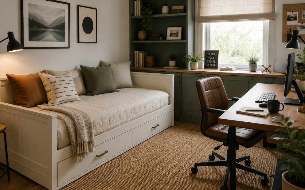 Daybed styled in a multifunctional home office setup