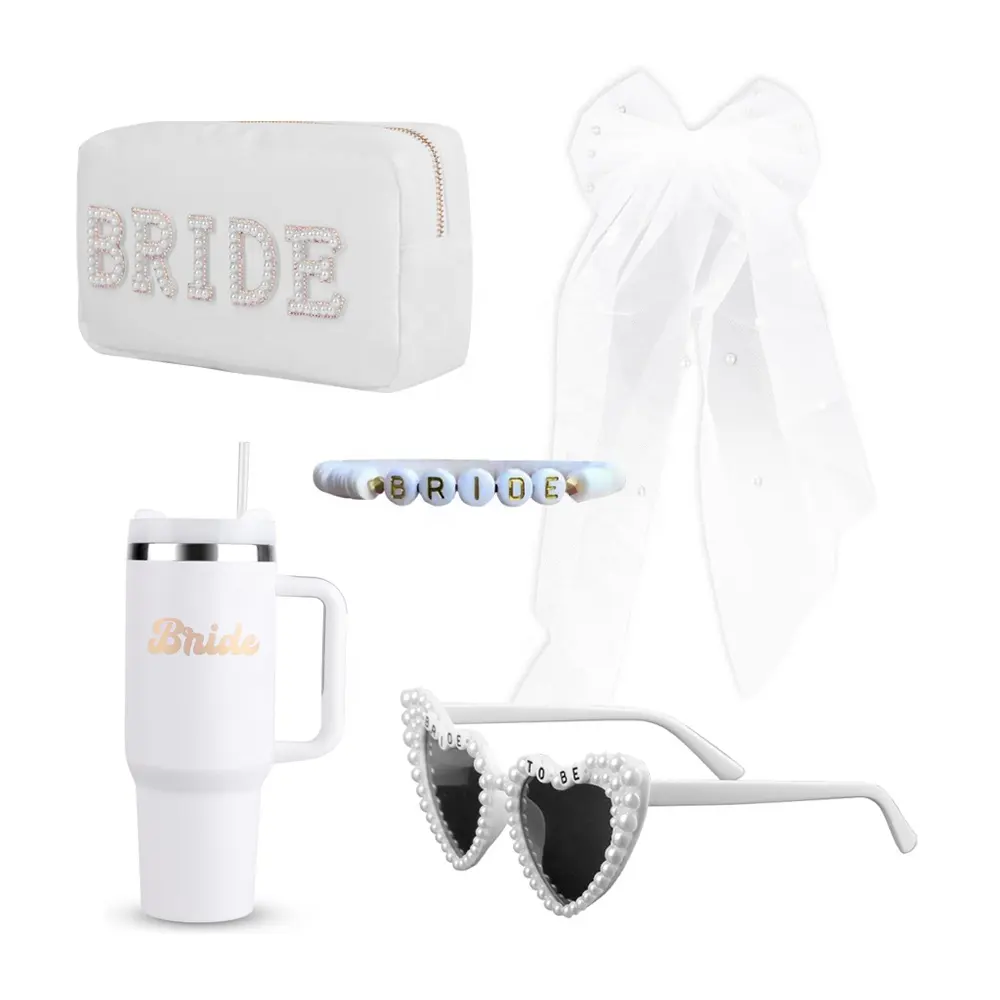 Bridal Wedding Gifts Bride Cosmetic Bag Pouch Car Tumbler Pearl Hair Clip Bow Veil Bracelet Sunglasses