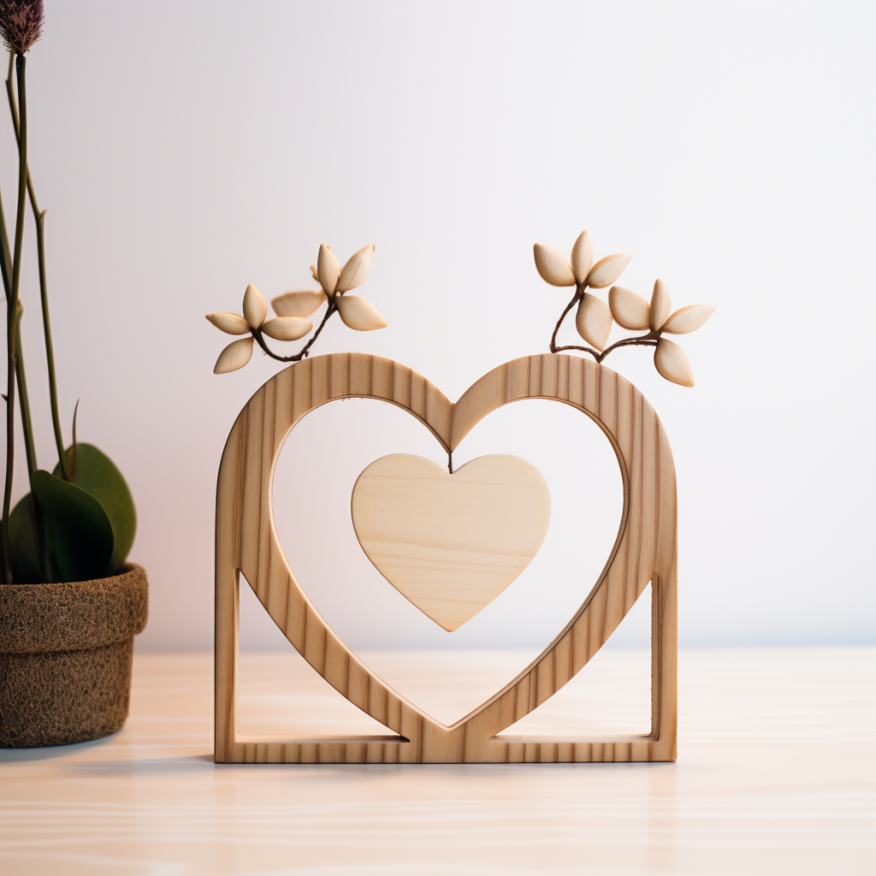 Marco de fotos en forma de corazón de madera con parches de calor y decorativos