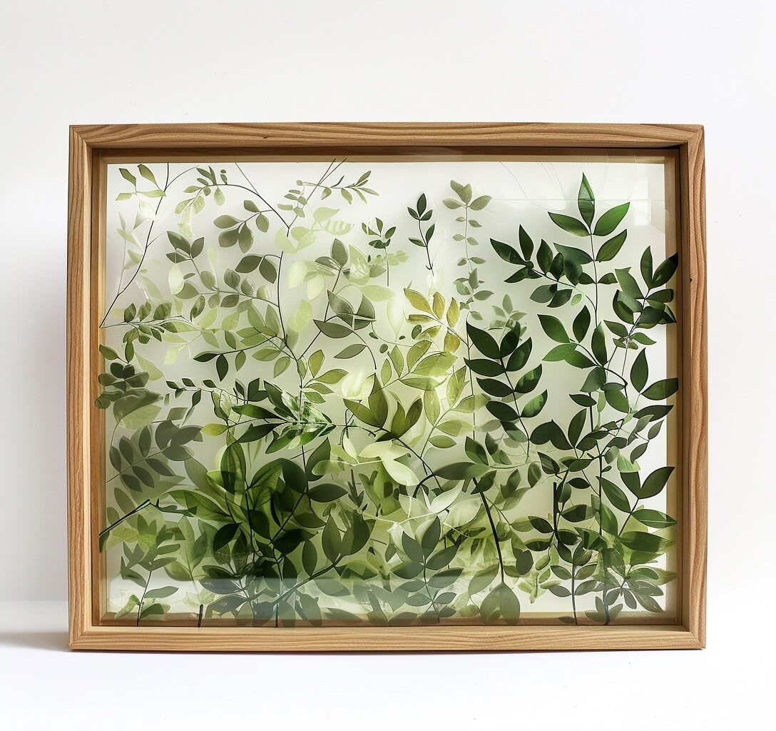 Drevený fotorámik so zelenou dekoráciou rastlín