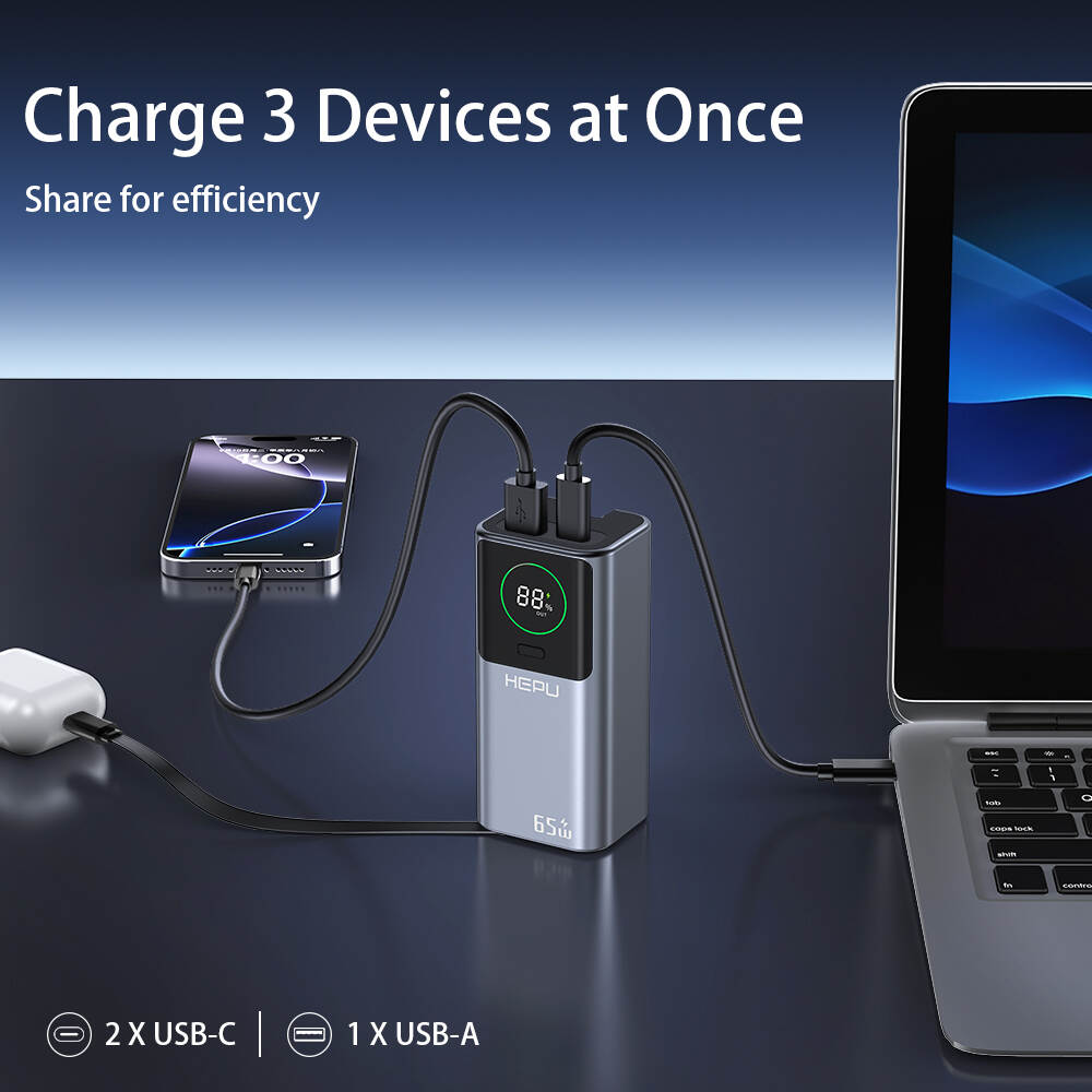 Chargeur portable HEPU HP-A30 65W - Power Bank PD à double fonction avec prise intégrée, charge rapide GaN, compatible avec les ordinateurs portables et tablett