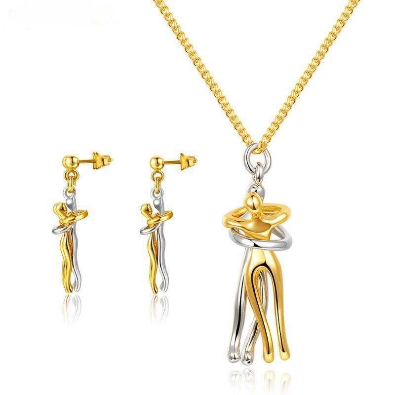 Cross-Border Explosive Fashion Couple necklace Earrings Passionate Lover's Embrace Stainless Steel Jewelry set for Love